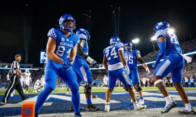 osh Kattus (84) celebrates after running back Chris Rodriguez Jr. (24) scores a touchdown during the fourth quarter against the Mississippi State Bulldogs at Kroger Field.
