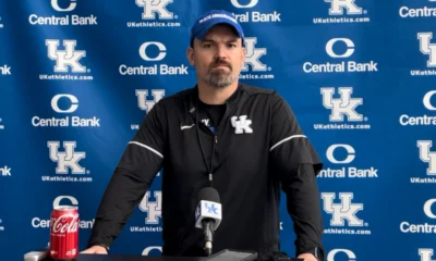 Defensive coordinator Brad White talking to the media after Kentucky football practice.