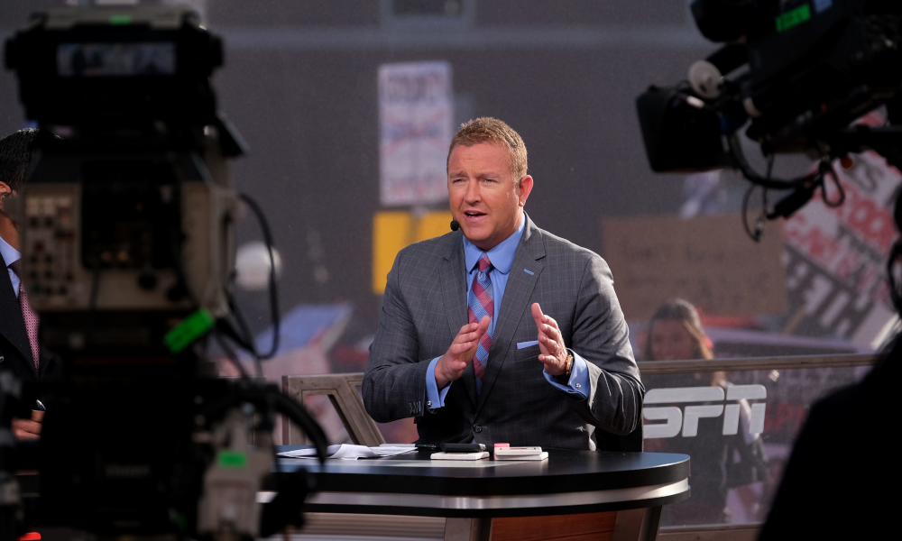 Kirk Herbstreit of ESPN's 'College GameDay' speaks during the broadcast.