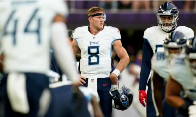 Tennessee Titans quarterback Will Levis (8) stands on the field during warm ups at U.S. Bank Stadium in Minneapolis, Minn.,