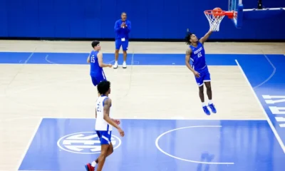 Kentucky guard DJ Wagner going up for a layup at the first day of practice.