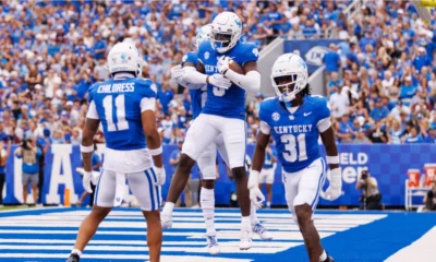 Kentucky Wildcats defensive back Alex Afari Jr. (3) celebrates after recovering an Eastern Kentucky Colonels fumble during the second quarter at Kroger Field.