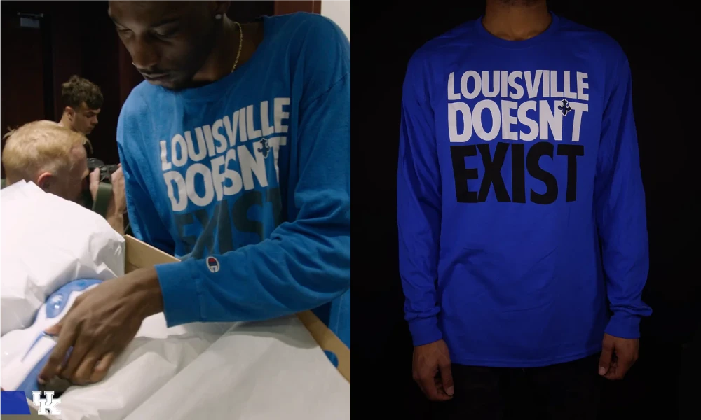 Kentucky Wildcat Aaron Bradshaw throws shade at rival Louisville, wearing a "Louisville Doesn't Exist" shirt.