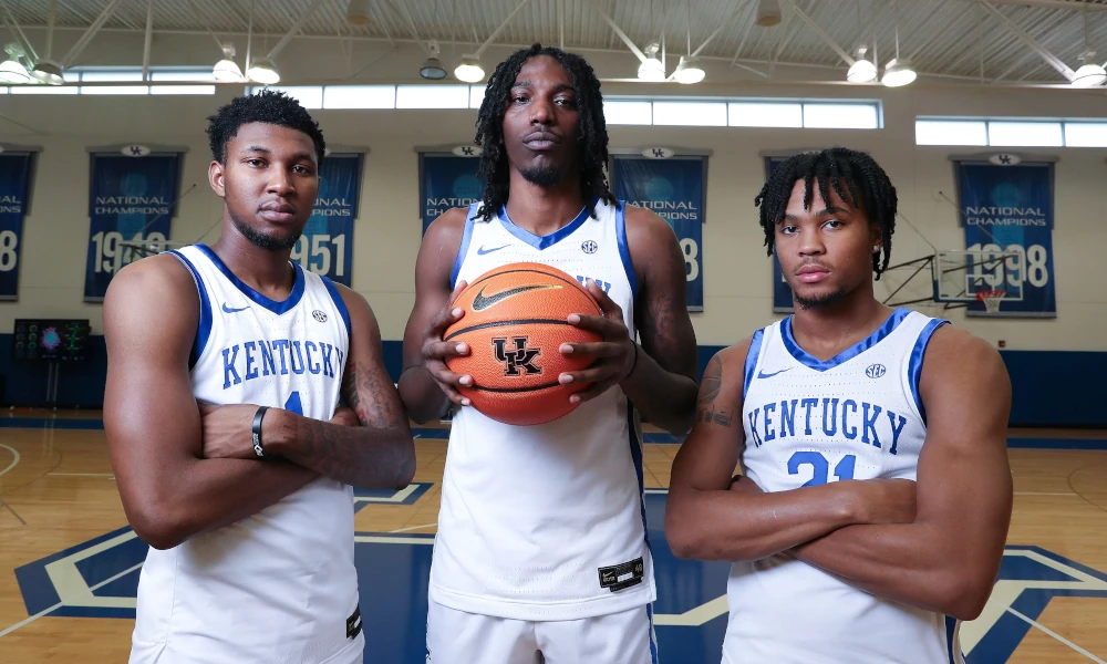UK freshmen Justin Edwards (1) Aaron Bradshaw (2) and D.J. Wagner (21) at their practice facility in Lexington, Ky. on Oct. 5 2023. They are all from Phladelphia.