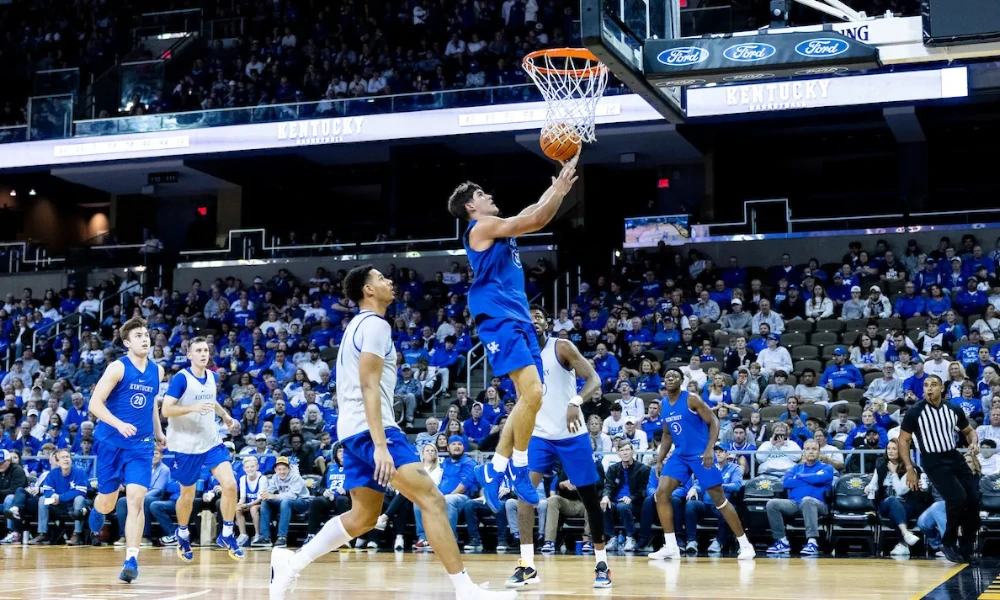 Reed Sheppard goes up for a layup at Kentucky basketball's Blue-White game.
