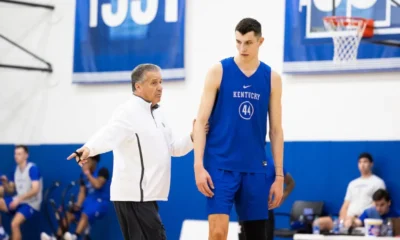 John Calipari coaching Kentucky big man Zvonimir Ivisic at Kentucky Basketball practice.