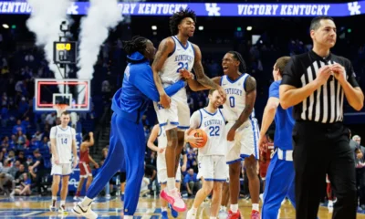 The Kentucky Wildcats celebrate their season opening win over the New Mexico State Aggies at Rupp Arena.
