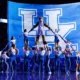 Kentucky Wildcats cheerleads perform during the second half of the game between the Kentucky Wildcats and the Stonehill Skyhawks at Rupp Arena at Central Bank Center.
