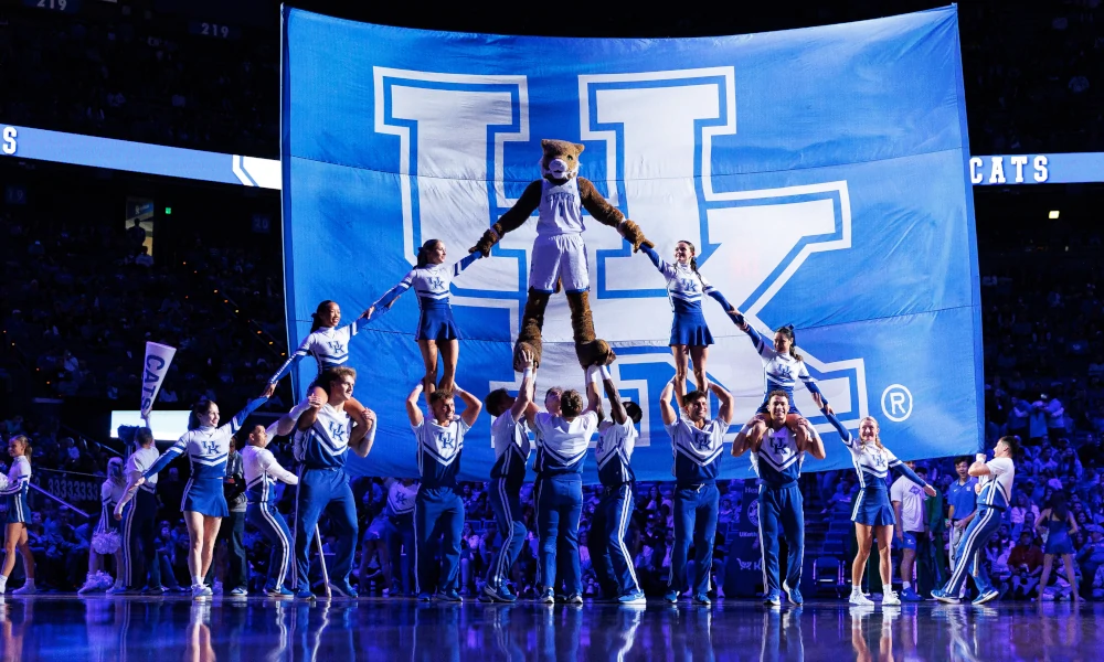 Kentucky Wildcats cheerleads perform during the second half of the game between the Kentucky Wildcats and the Stonehill Skyhawks at Rupp Arena at Central Bank Center.