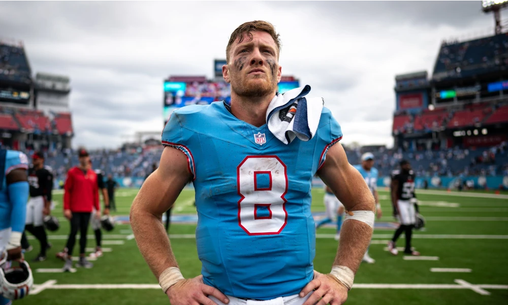 Tennessee Titans quarterback Will Levis (8) celebrates on the field after defeating the Atlanta Falcons at Nissan Stadium in Nashville, Tennessee.