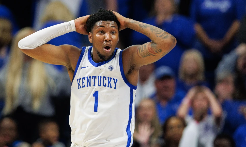 Kentucky Forward Justin Edwards reacts to an foul call at Rupp Arena.