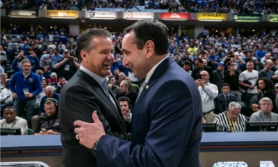 Duke's Mike Krzyzewski greets Kentucky's John Calipari before the game in the Champions Classic.