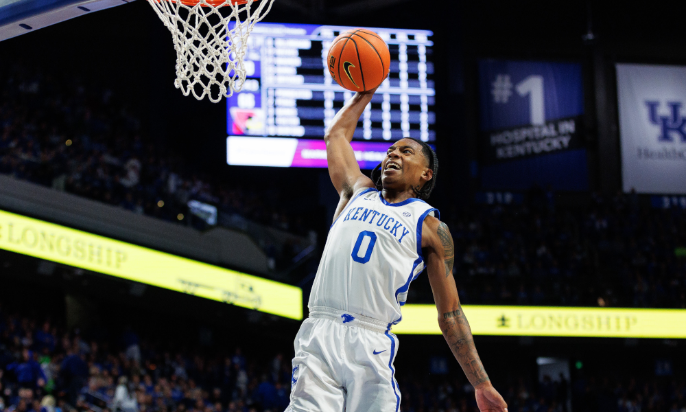 Kentucky Wildcats guard Rob Dillingham goes for a dunk at Rupp Arena.