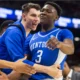 Kentucky Wildcats guard Adou Thiero (3) celebrates his alley-op dunk as he checks out o.f the game as Auburn Tigers take on Kentucky Wildcats