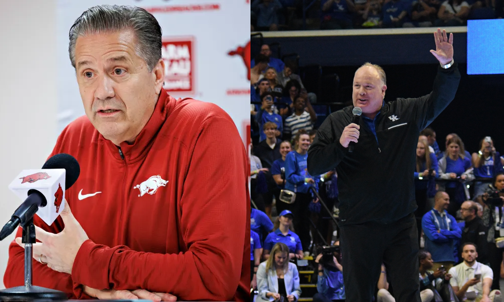 Kentucky football coach Mark Stoops takes a subtle shot at former Kentucky basketball coach John Calipari at Big Blue Madness.