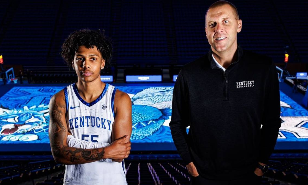 Kentucky basketball commit Acaden Lewis with coach Mark Pope on an official visit.