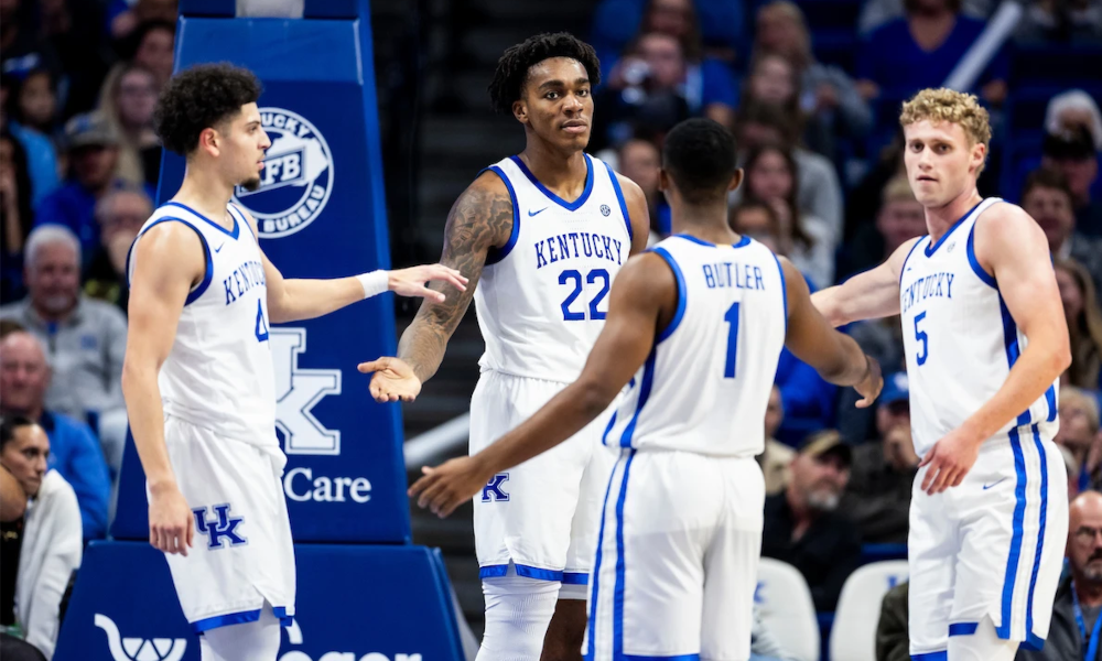 Kentucky players encouraging each other at Rupp Arena.