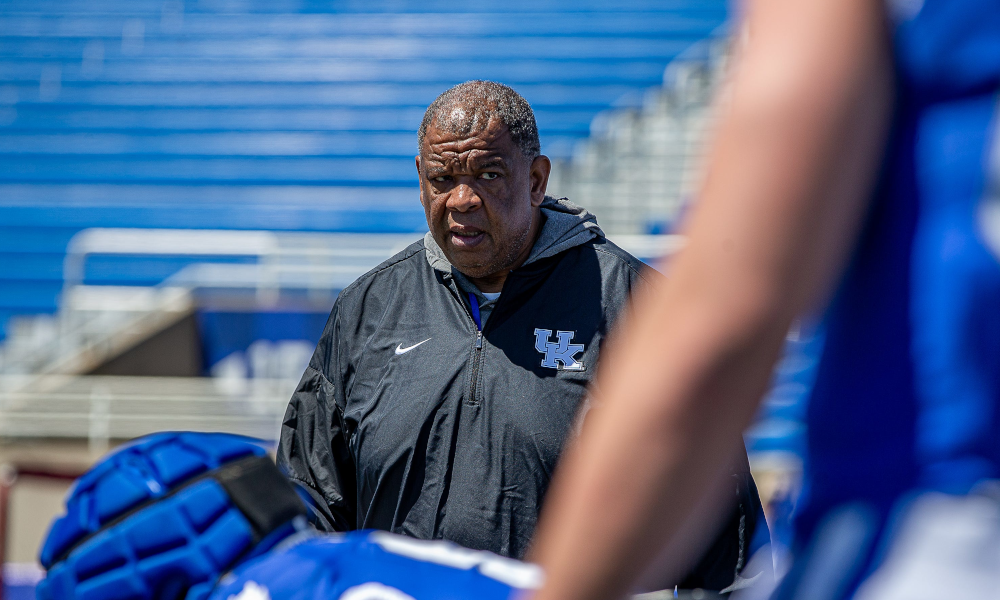 Kentucky associate head coach/tight end coach Vince Marrow worked his squad through drills during the Kentucky Wildcats' Blue White scrimmage.