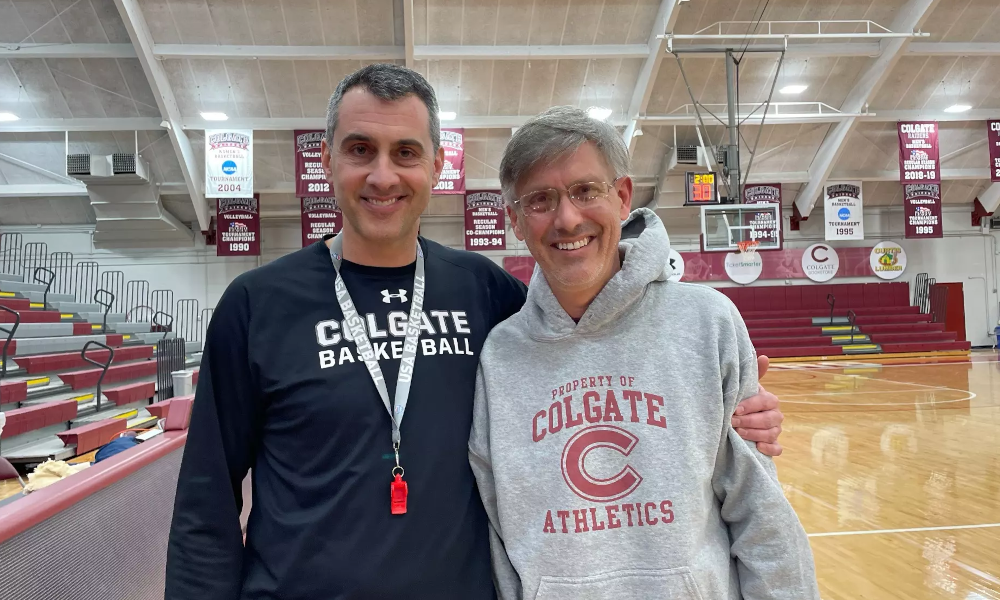 Colgate basketball coach Matt Langel with late professor and supporter Ephraim Woods.