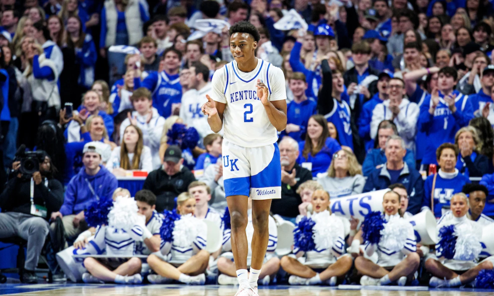 Kentucky guard Jaxson Robinson celebrates after a hitting a three against Texas A&M.