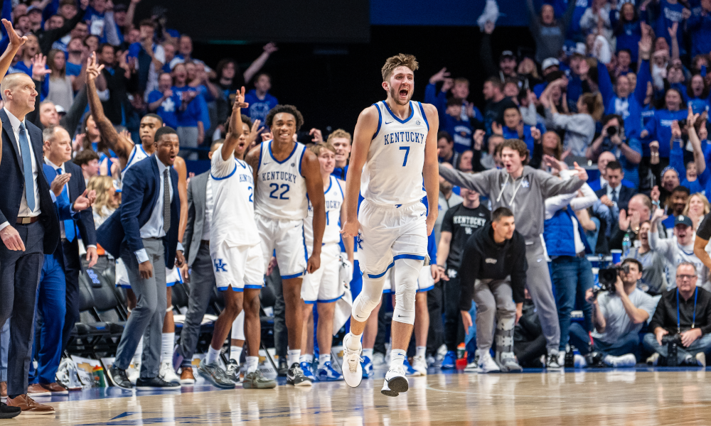 Andrew Carr celebrates after hitting a late three-pointer against Florida.