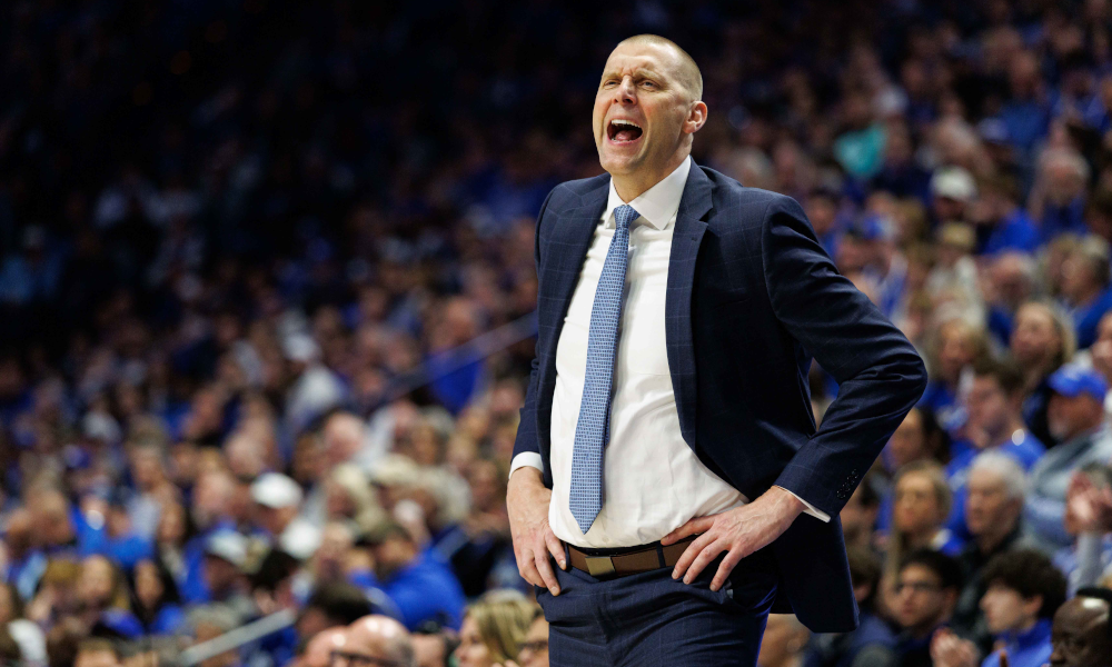 Kentucky Wildcats head coach Mark Pope yells to his players at Rupp Arena.