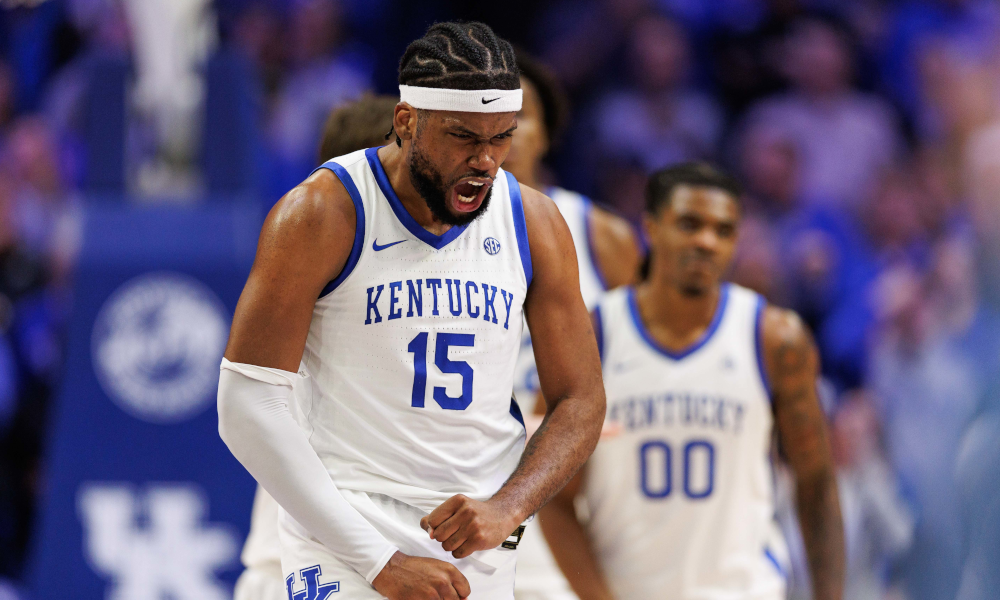 Kentucky Wildcats forward Ansley Almonor (15) celebrates in Rupp Arena.