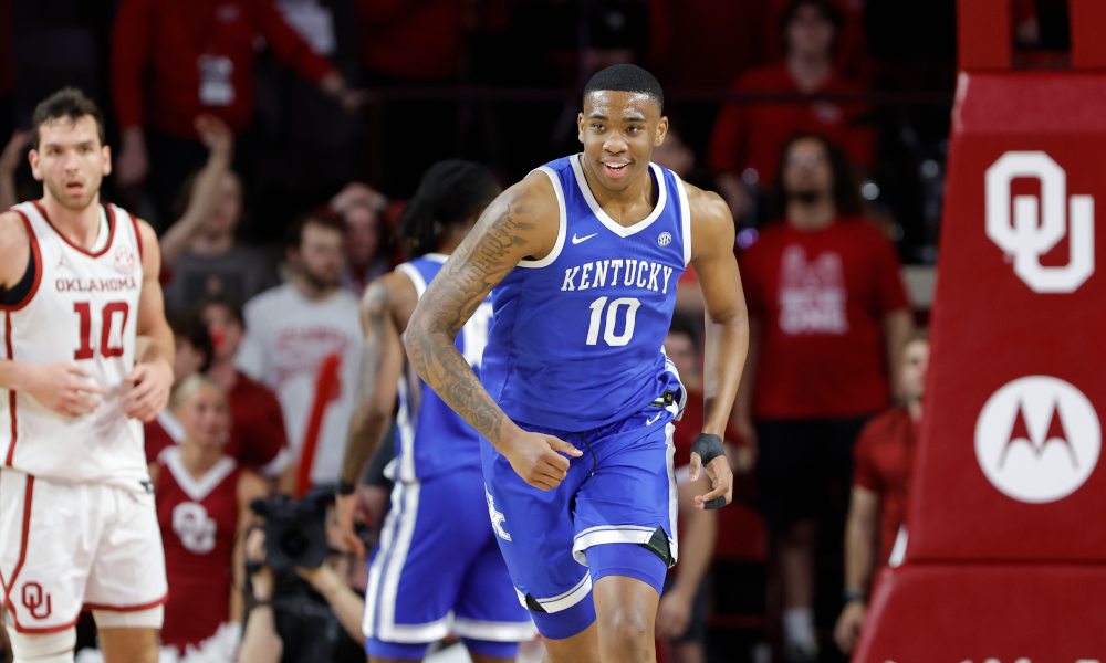 Kentucky Wildcats forward Brandon Garrison (10) smiles after scoring against the Oklahoma Sooners.