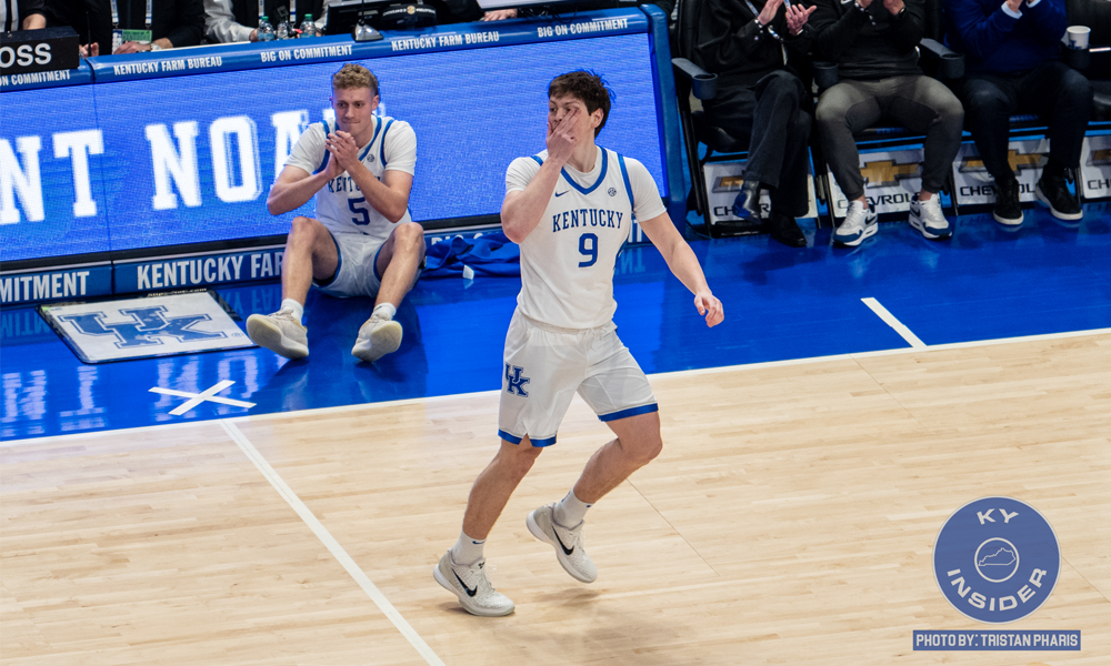 Kentucky guard Trent Noah celebrating after hitting a three-pointer.