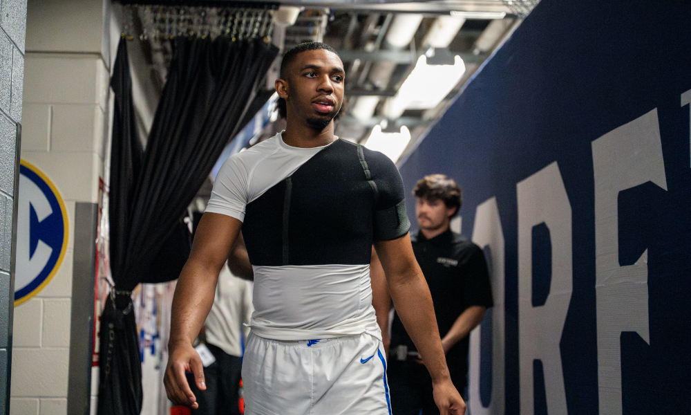 Kentucky guard Lamont Butler with his shoulder brace.