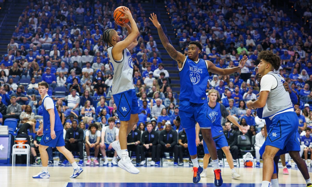 Jaland Lowe shoots a jumper over Brandon Garrison at Big Blue Madness.
