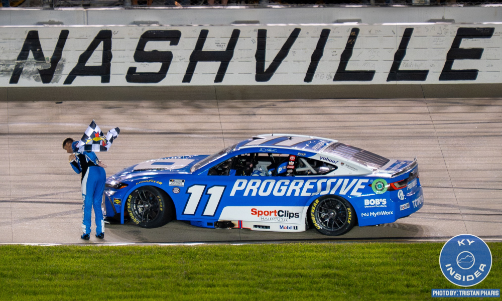 Denny Hamlin wins the NASCAR Cup Series Cracker Barrel 400 at Nashville in a dramatic late-race finish, earning his first victory at the track.